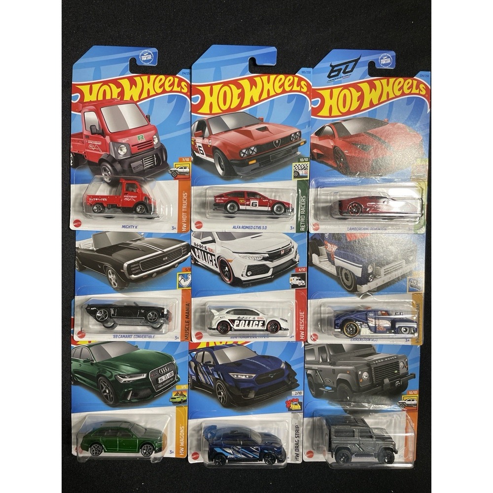 Hot Wheels Lot of 9 – New 2023–24 Mix | Alfa Romeo, Lambo, Audi, Mustang, Civic